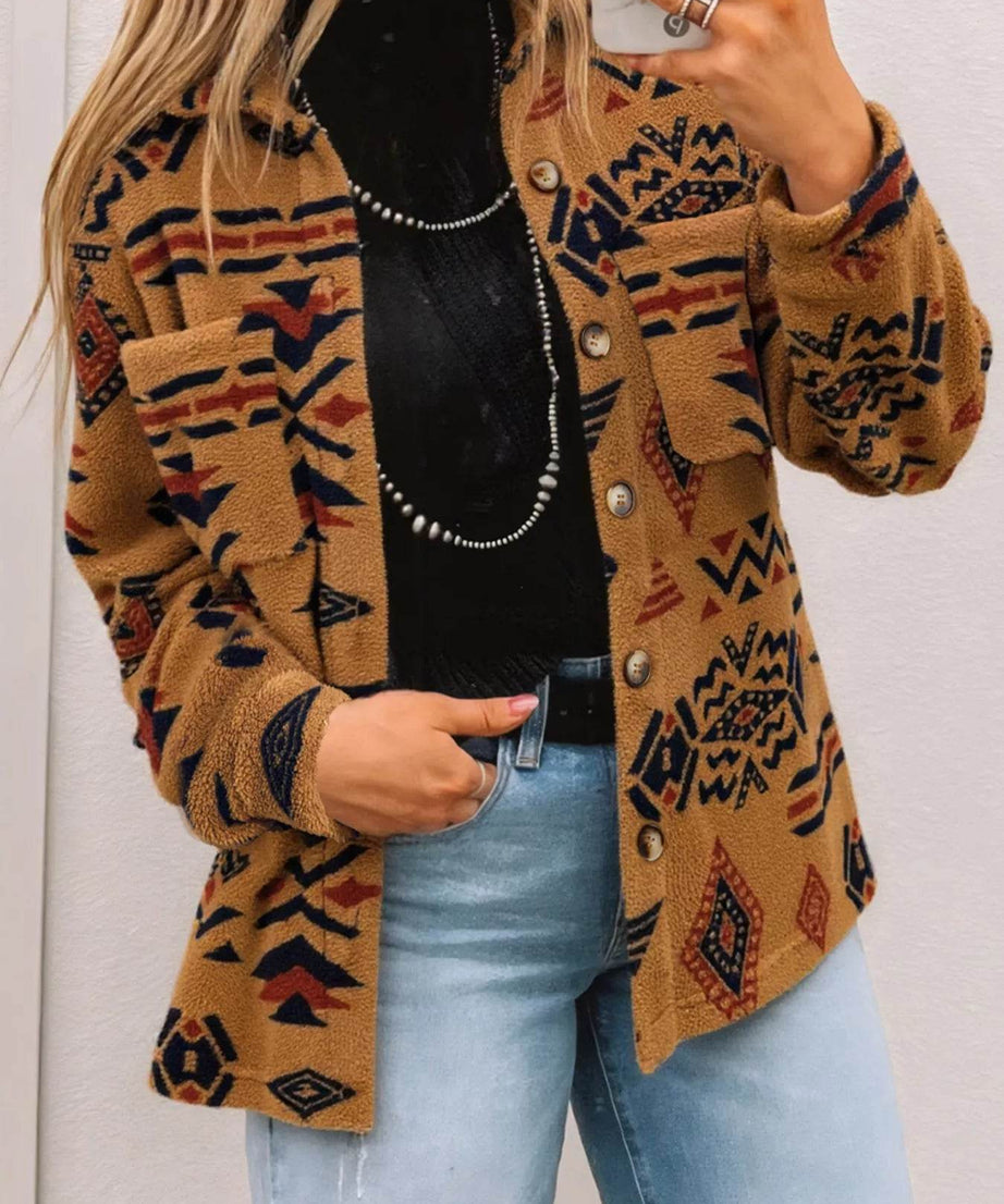 Western Aztec Pattern Fleece Button-Up Shacket - ELY VESSA LLC