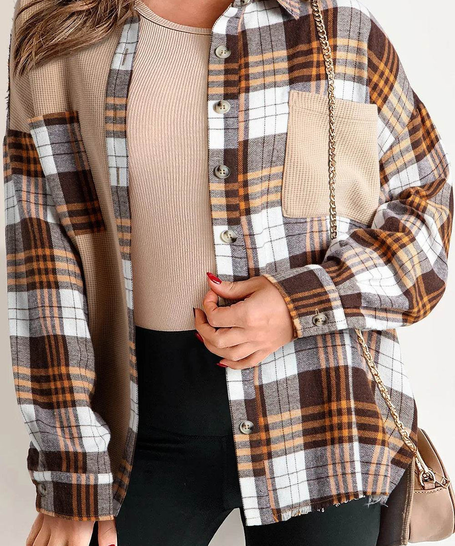 Plaid Button Up Long Sleeve Shacket - ELY VESSA LLC