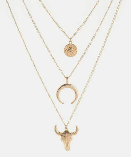 Alloy Three-Layered Bull Head Pendant Necklace - ELY VESSA LLC