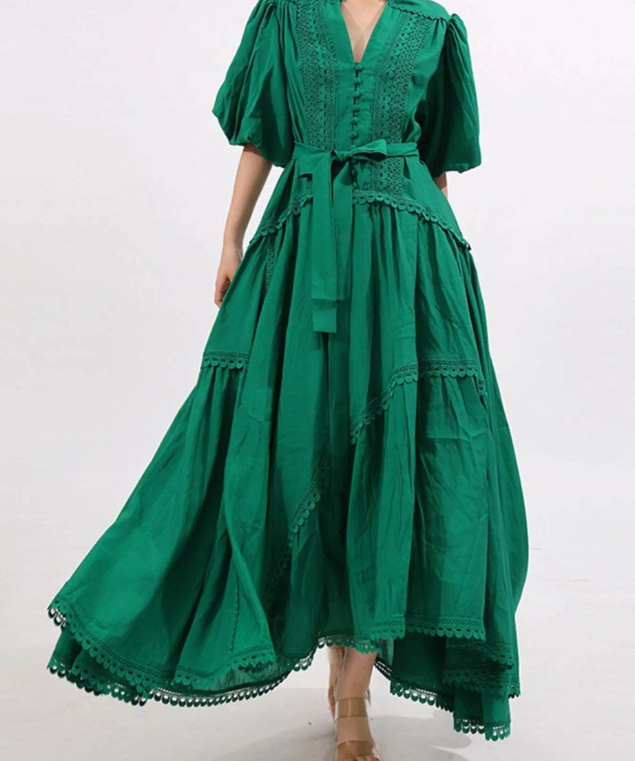 Lace Detail Notched Puff Sleeve Maxi Dress - ELY VESSA LLC