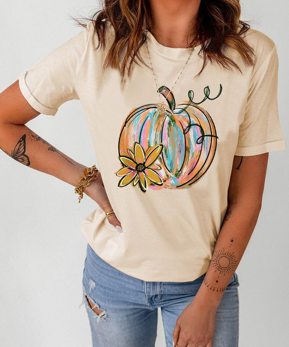 Pumpkin Graphic Round Neck T-Shirt - ELY VESSA LLC