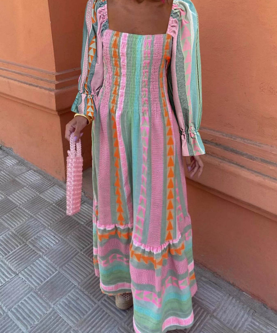 Smocked Square Neck Flounce Sleeve Maxi Dress - ELY VESSA LLC