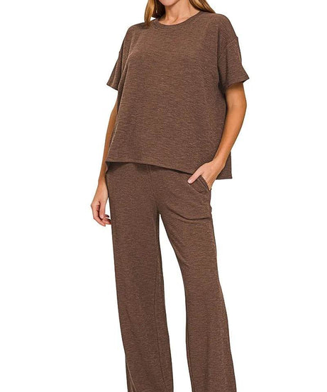 Zenana Slub Short Sleeve T-Shirt and Pants Set - ELY VESSA LLC