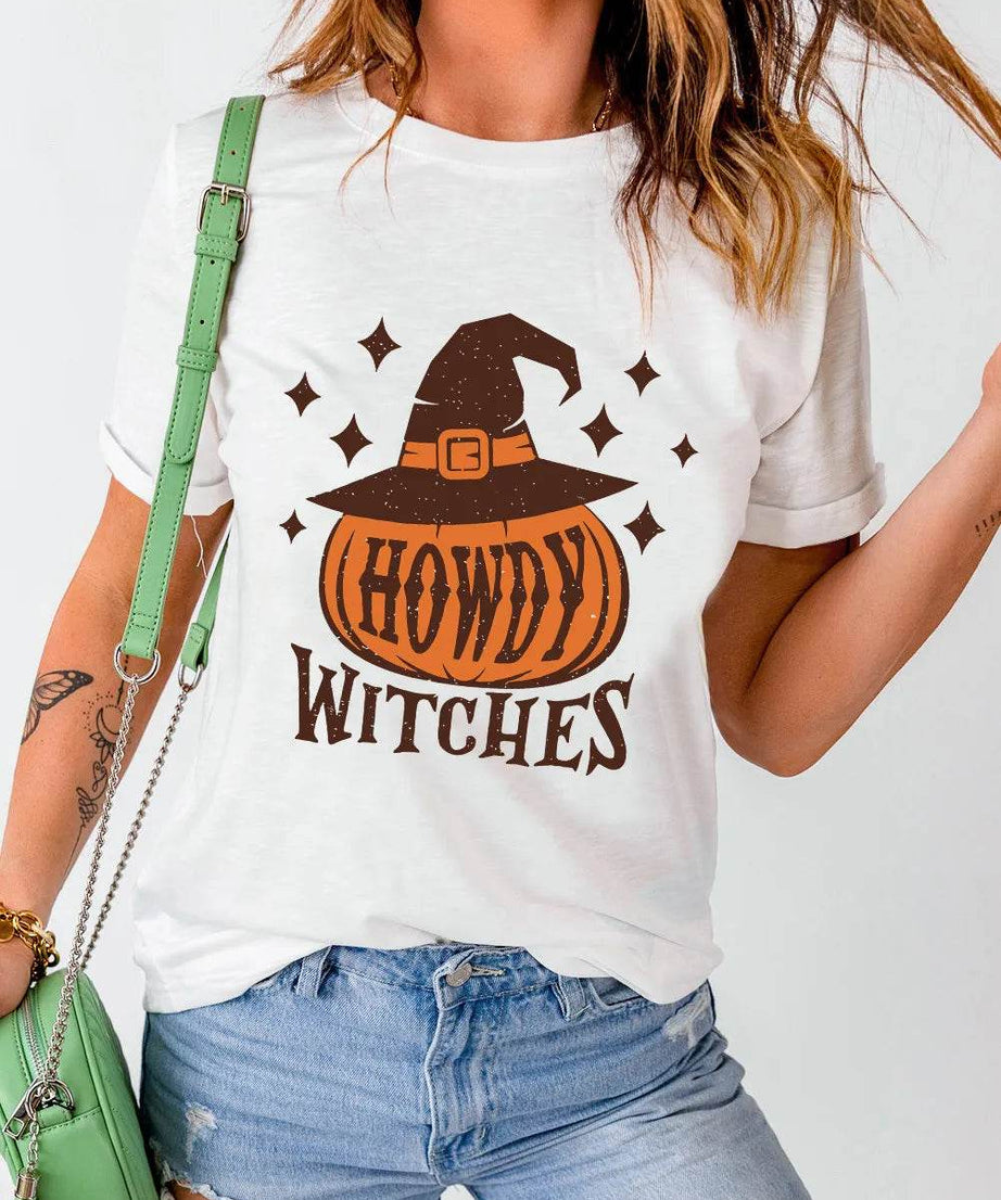 HOWDY WITCHES Round Neck Short Sleeve T-Shirt - ELY VESSA LLC