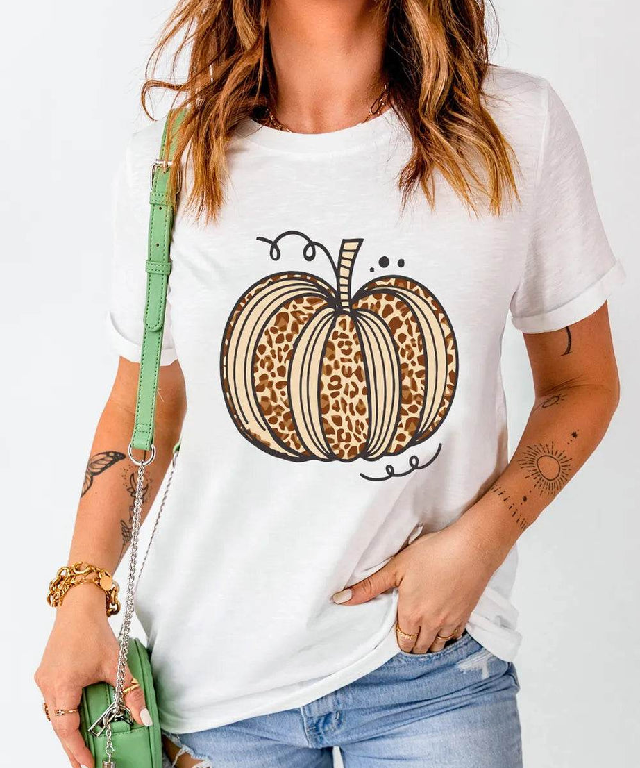 Pumpkin Round Neck Short Sleeve T-Shirt - ELY VESSA LLC