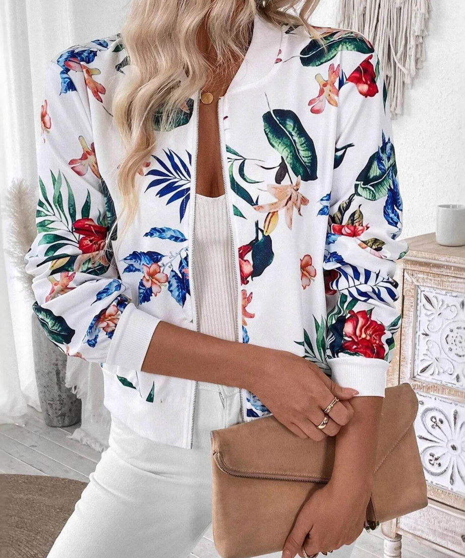 Printed Zip Up Long Sleeve Jacket - ELY VESSA LLC