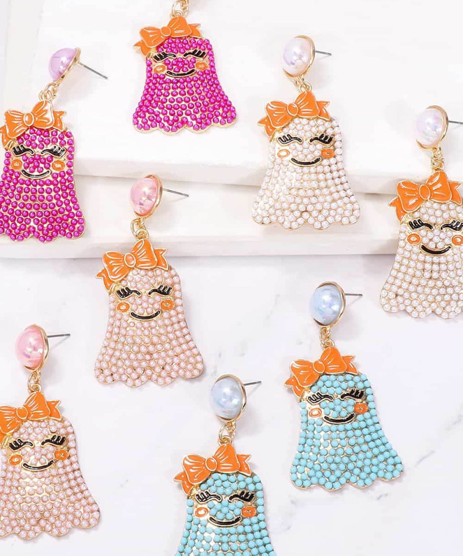Smiling Ghost Shape Synthetic Pearl Earrings - ELY VESSA LLC