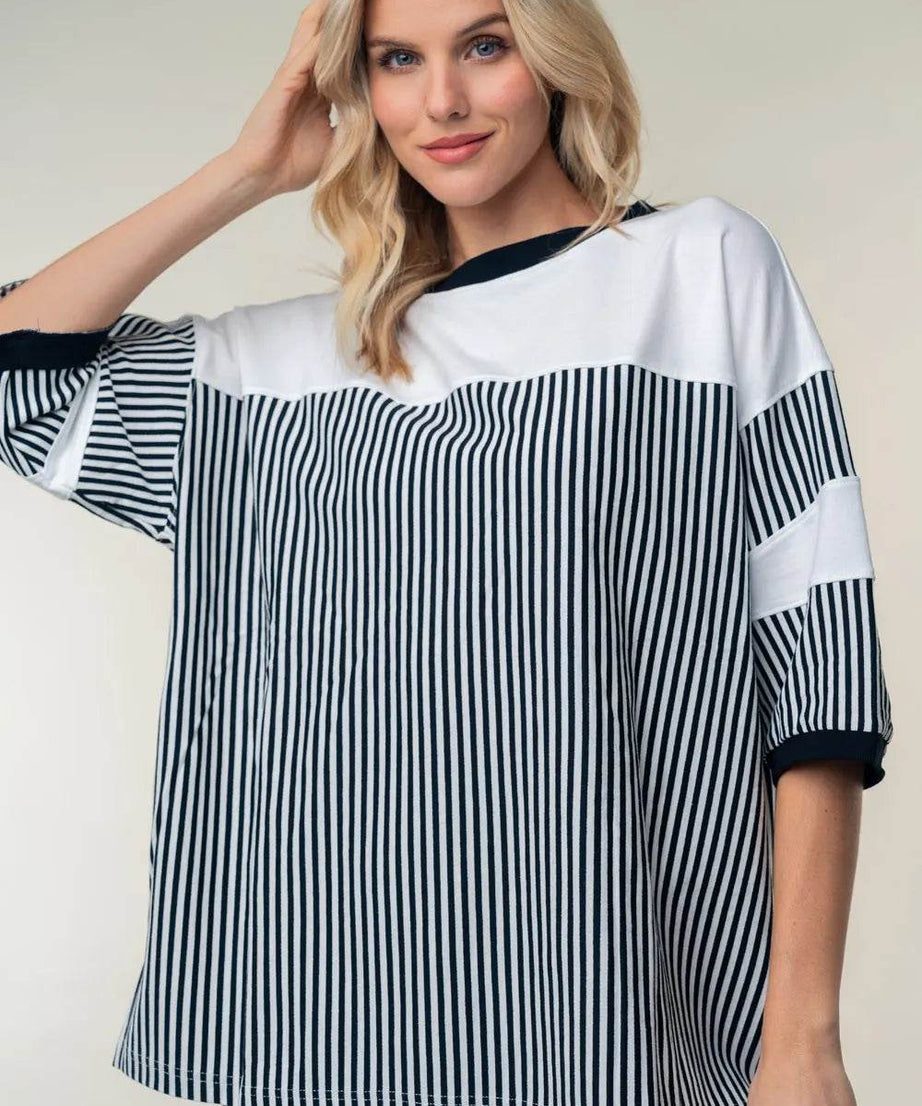 White Birch Full Size Striped Contrast Round Neck Top - ELY VESSA LLC