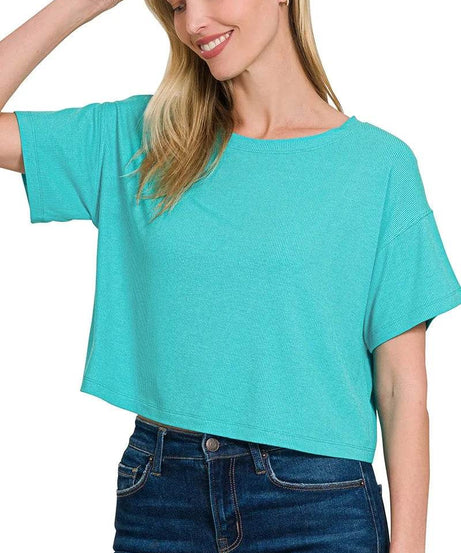 Zenana Ribbed Round-Neck Crop T-Shirt - ELY VESSA LLC