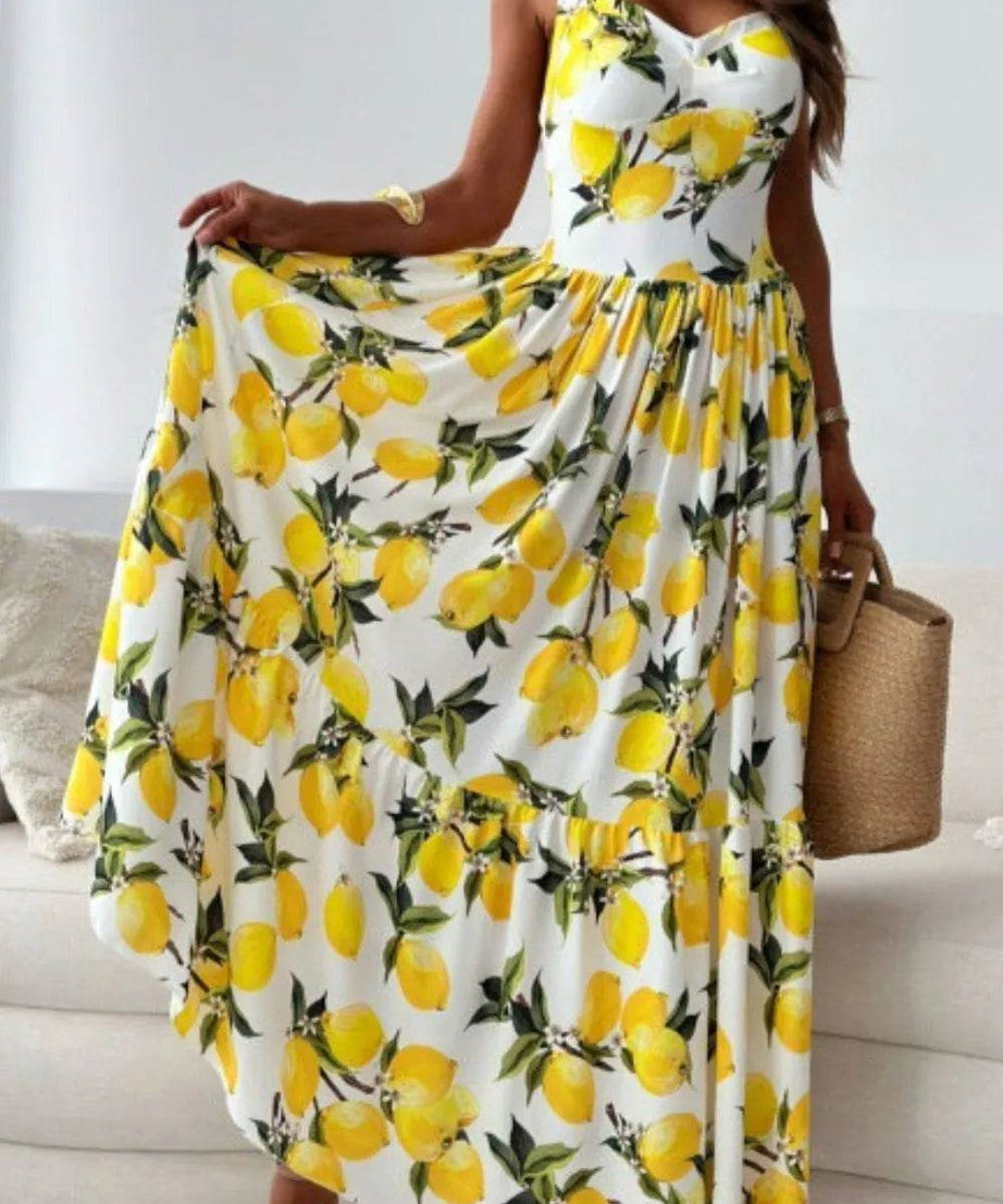 Lemon Print Sweetheart Neck Maxi Dress - ELY VESSA LLC