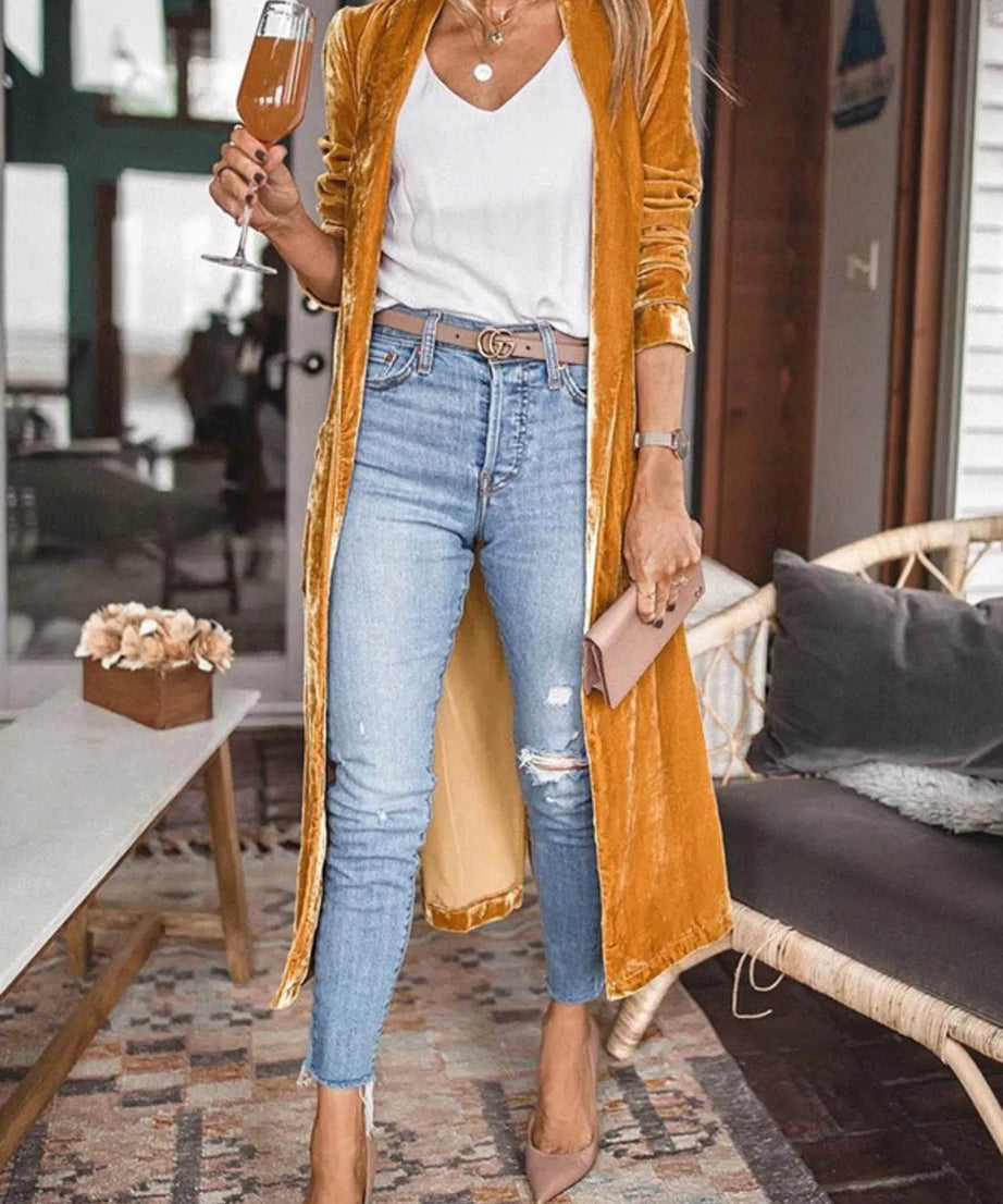 Open Front Long Sleeve Longline Cardigan - ELY VESSA LLC
