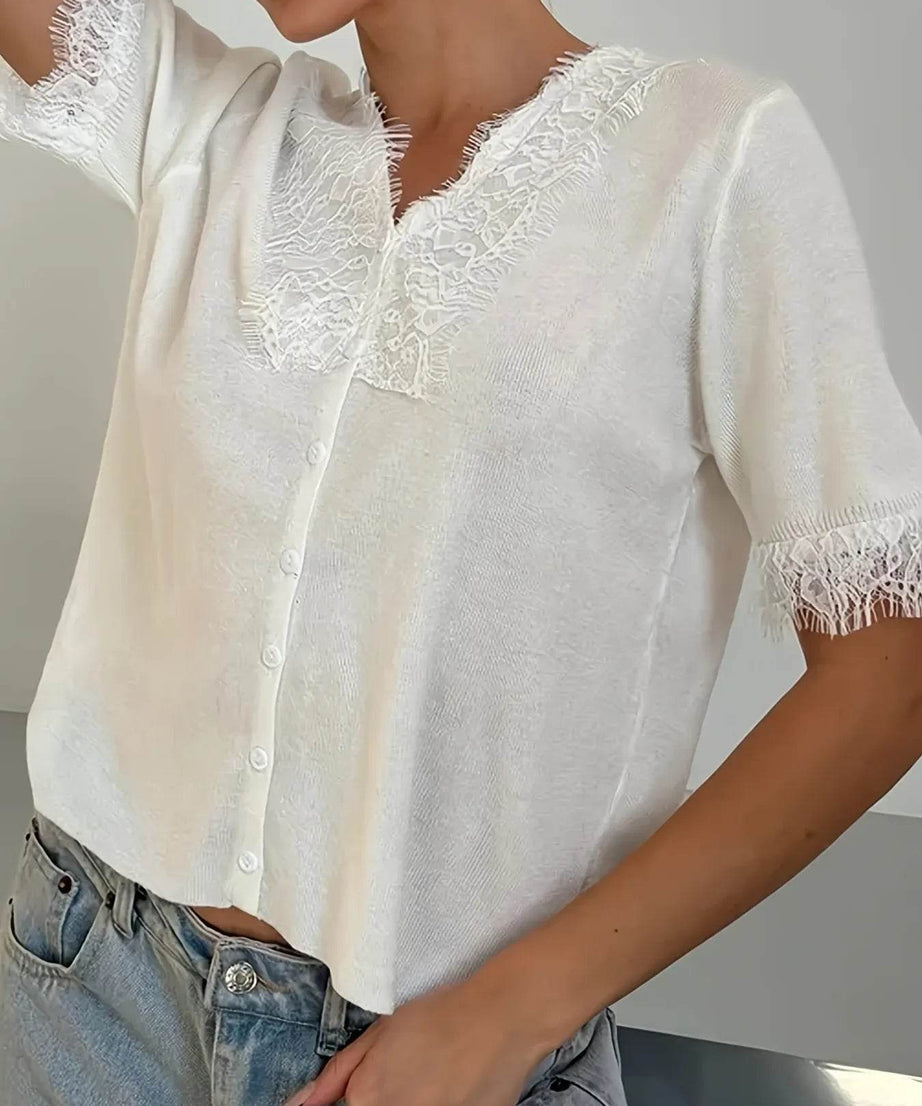 Lace Detail Button Up Cardigan - ELY VESSA LLC