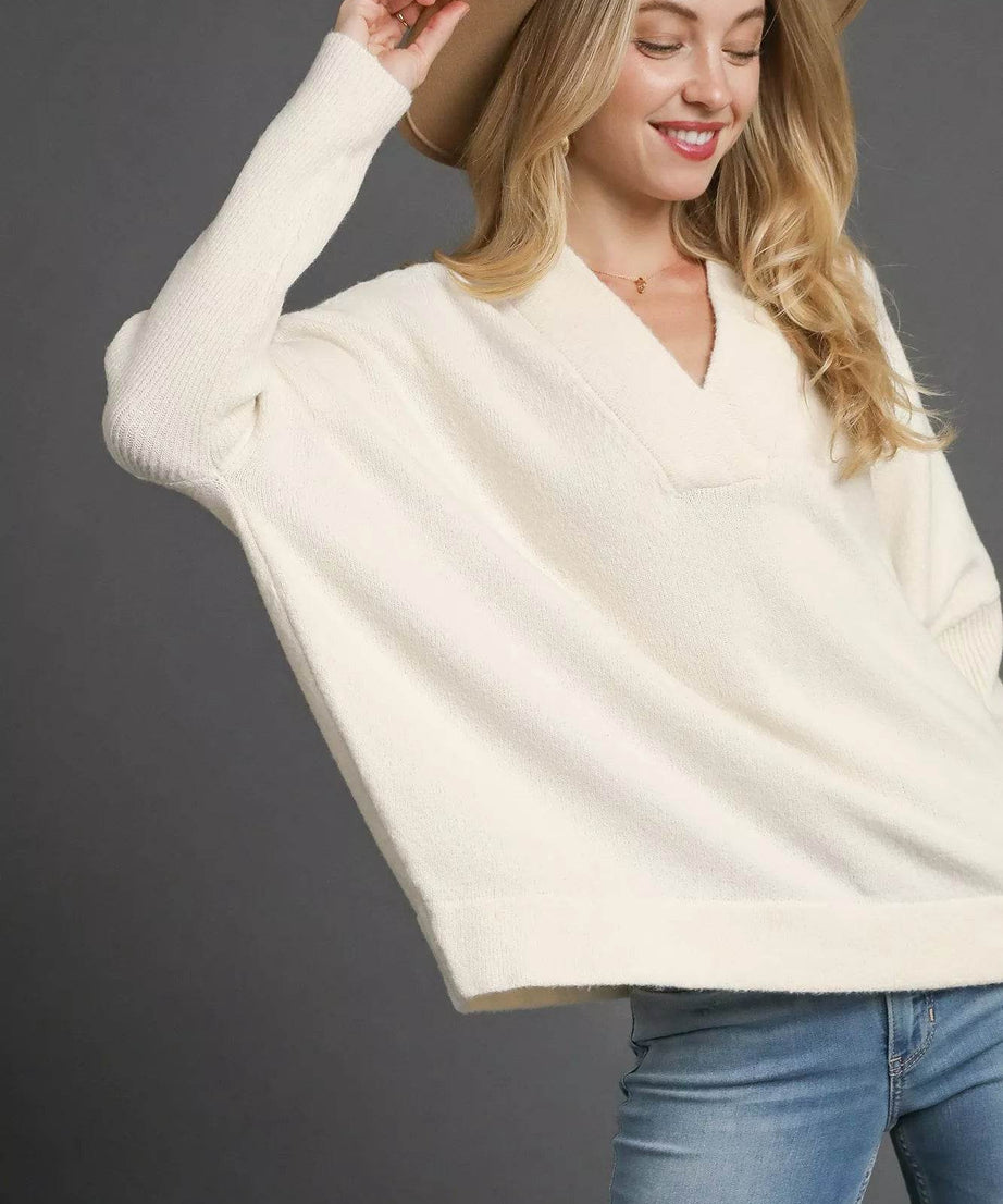 Umgee V-Neck Sweater with Wide Trim Detail - ELY VESSA LLC