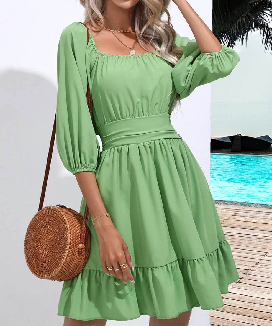 Tie Back Ruffled Hem Square Neck Dress - ELY VESSA LLC