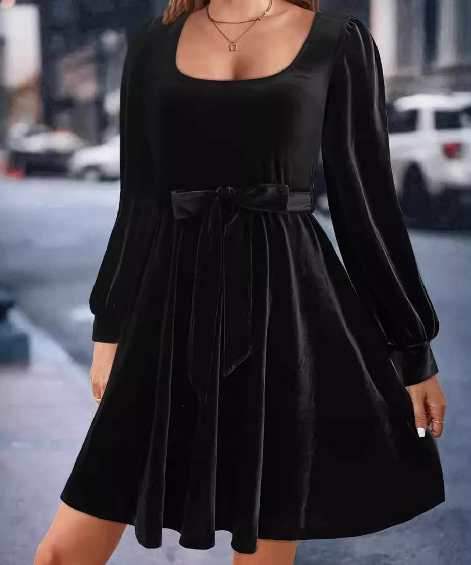 Velvet Long Sleeve A-Line Dress - ELY VESSA LLC