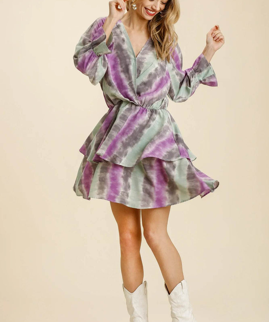 Umgee Tie Dye Ruffled Layered Dress with Elastic Waistband - ELY VESSA LLC