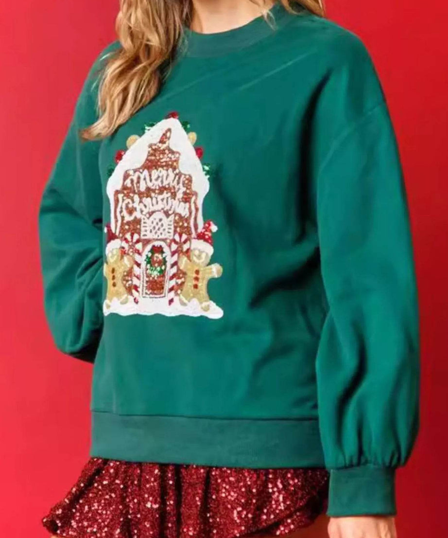Christmas Sequin Round Neck Sweatshirt - ELY VESSA LLC