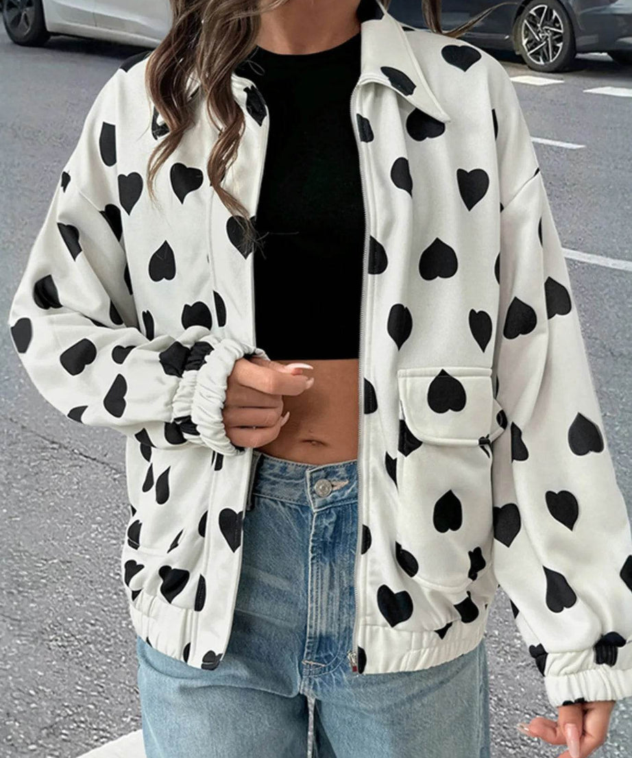 Heart Print Zip Up Jacket - ELY VESSA LLC
