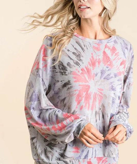BiBi Tie Dye Print Terry Pull Over - ELY VESSA LLC