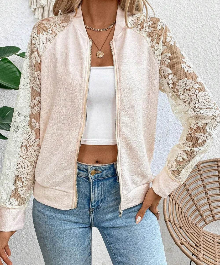 Lace Baseball Collar Zip Up Jacket - ELY VESSA LLC