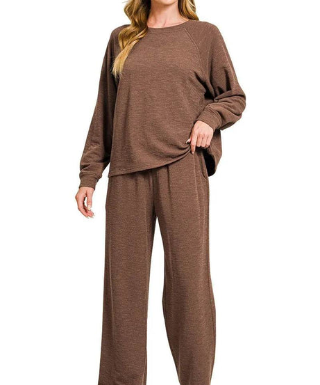 Zenana Slub Long Sleeve Top and Pants Lounge Set - ELY VESSA LLC