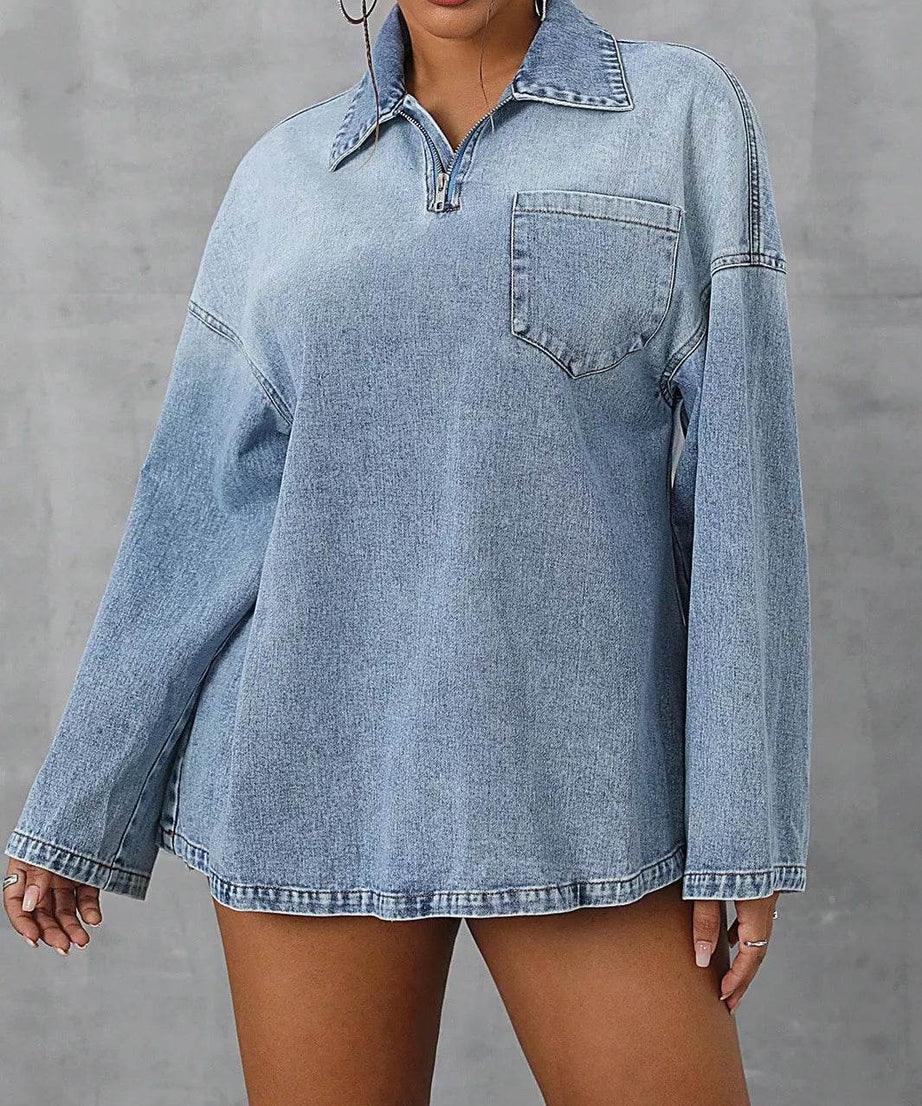 Collared Neck Drop Shoulder Denim Top - ELY VESSA LLC