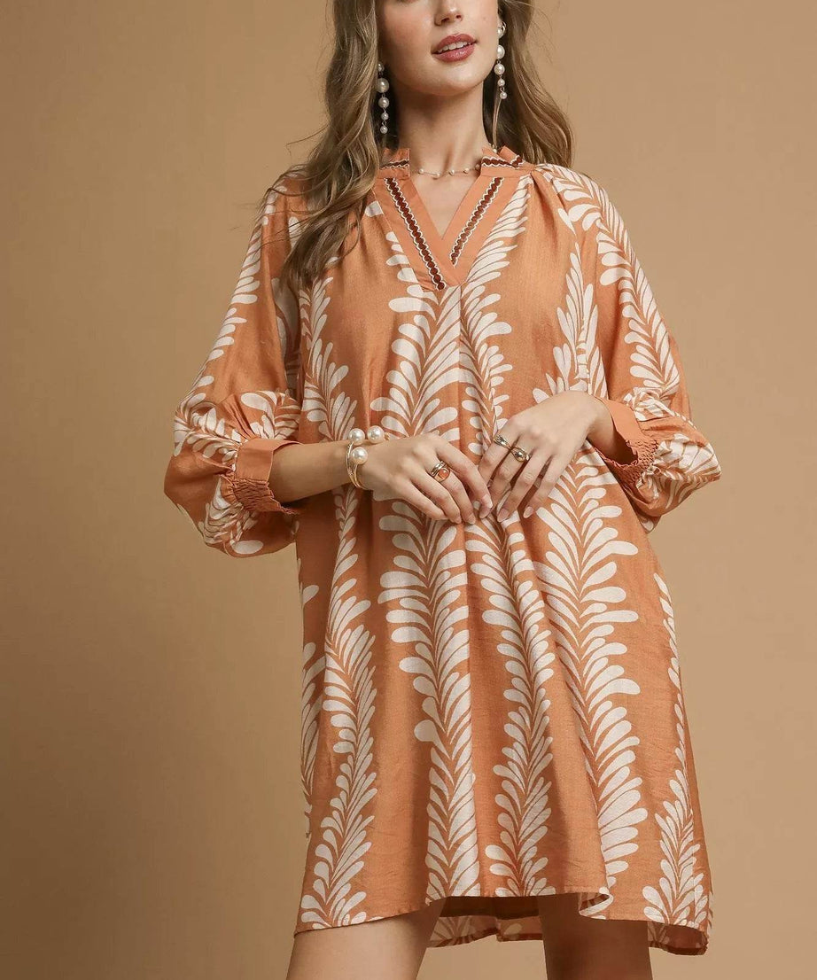 Umgee Leaf Print Notched Mini Babydoll Dress - ELY VESSA LLC