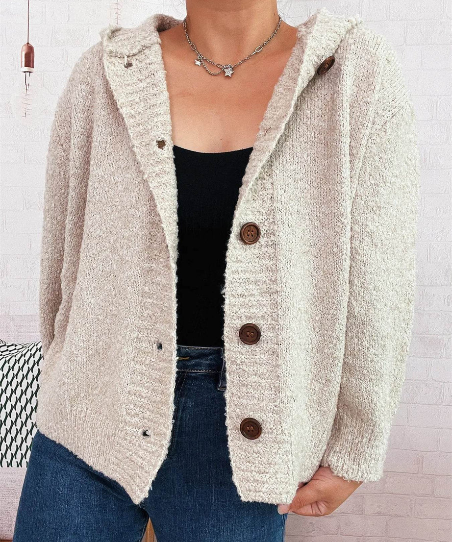 Cozy Button-Up Hooded Cardigan - ELY VESSA LLC