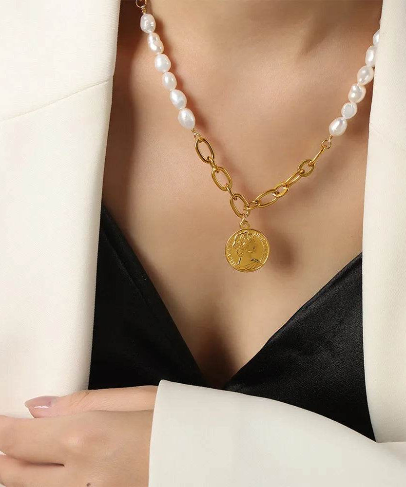 Coin pendant Pearl Titanium Steel Necklace - ELY VESSA LLC