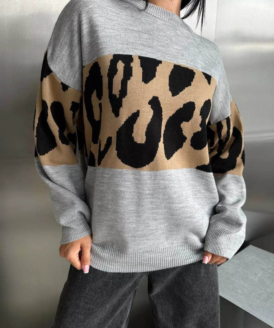 Leopard Color Block Round Neck Sweater - ELY VESSA LLC