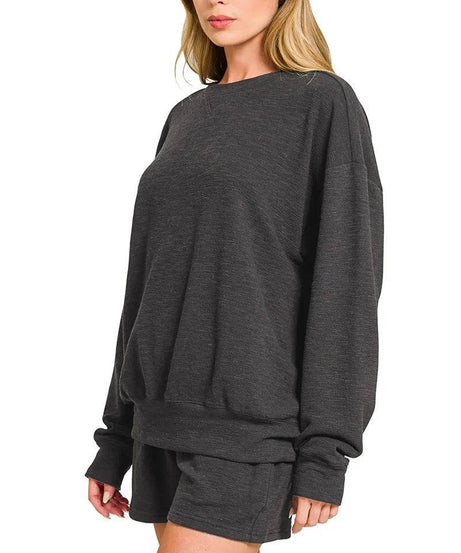 Zenana Slub Long Sleeve Top and Shorts Set - ELY VESSA LLC