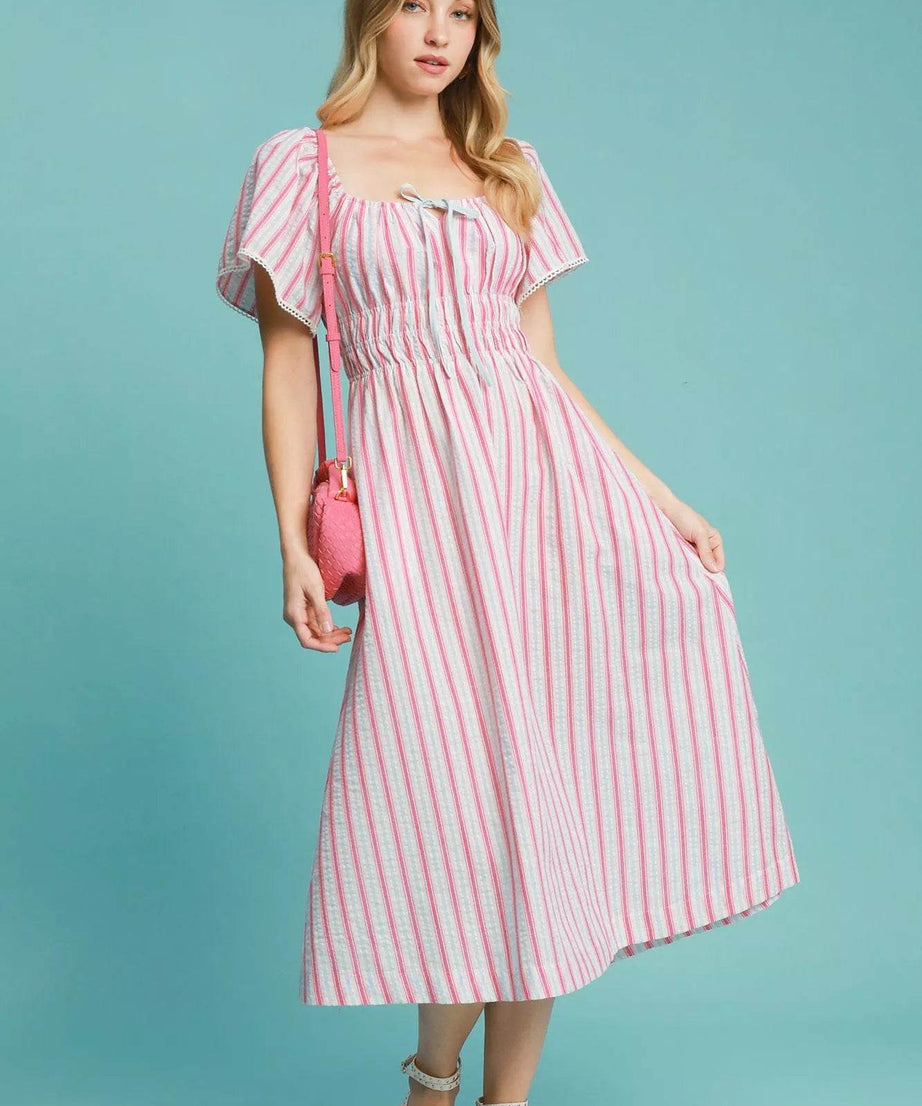 Umgee Smocked Striped Short Sleeve Midi Dress - ELY VESSA LLC
