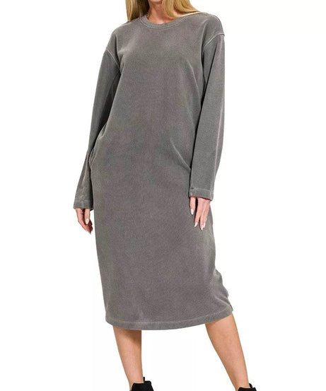 Zenana Soft Fleece Pigment Dye Sweatshirts Dress - ELY VESSA LLC