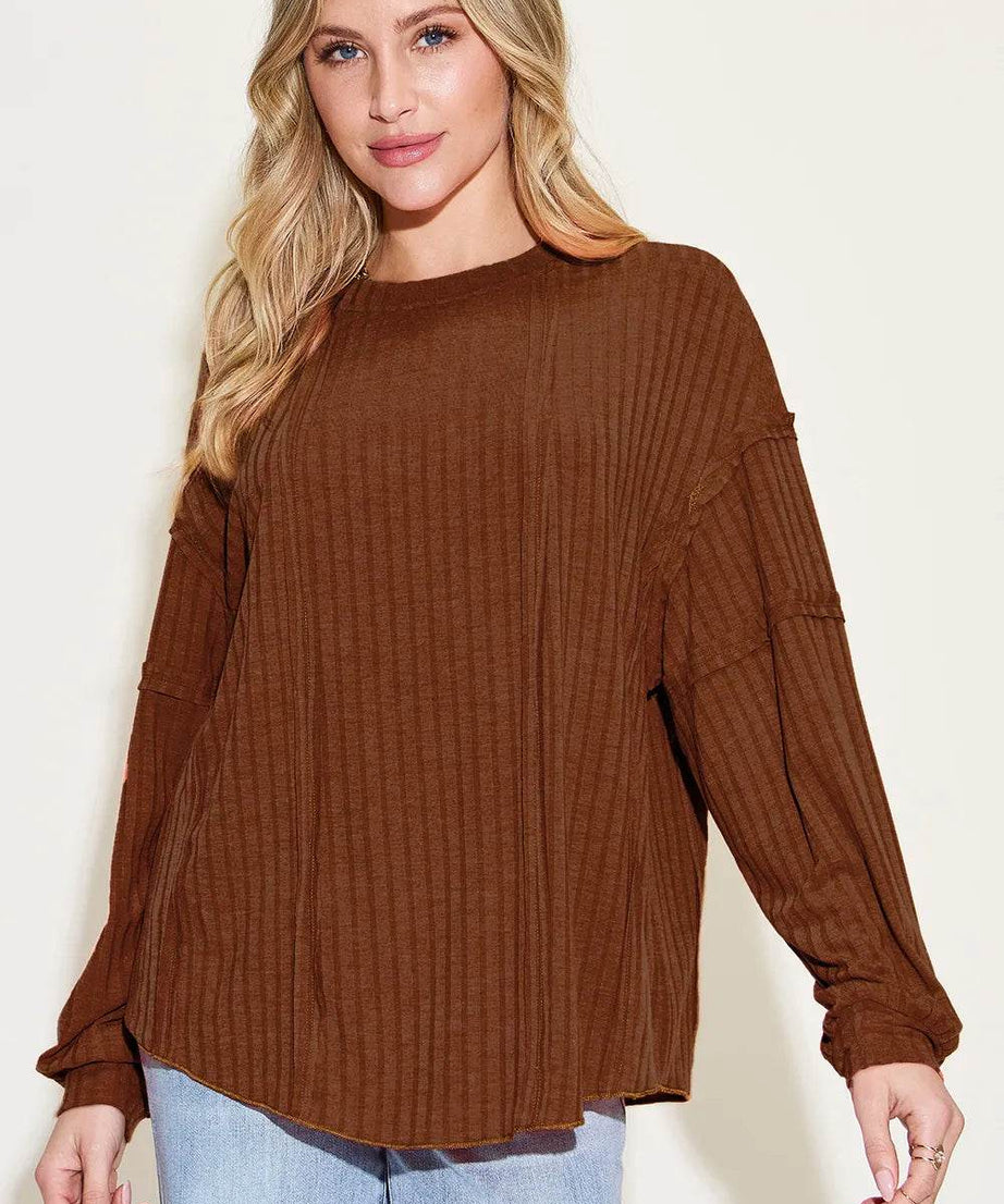 Basic Bae Full Size Ribbed Round Neck Long Sleeve T-Shirt - ELY VESSA LLC