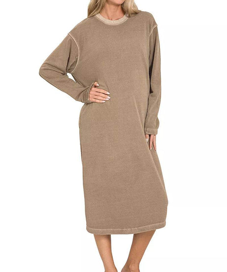 Zenana Soft Fleece Pigment Dye Sweatshirts Dress - ELY VESSA LLC