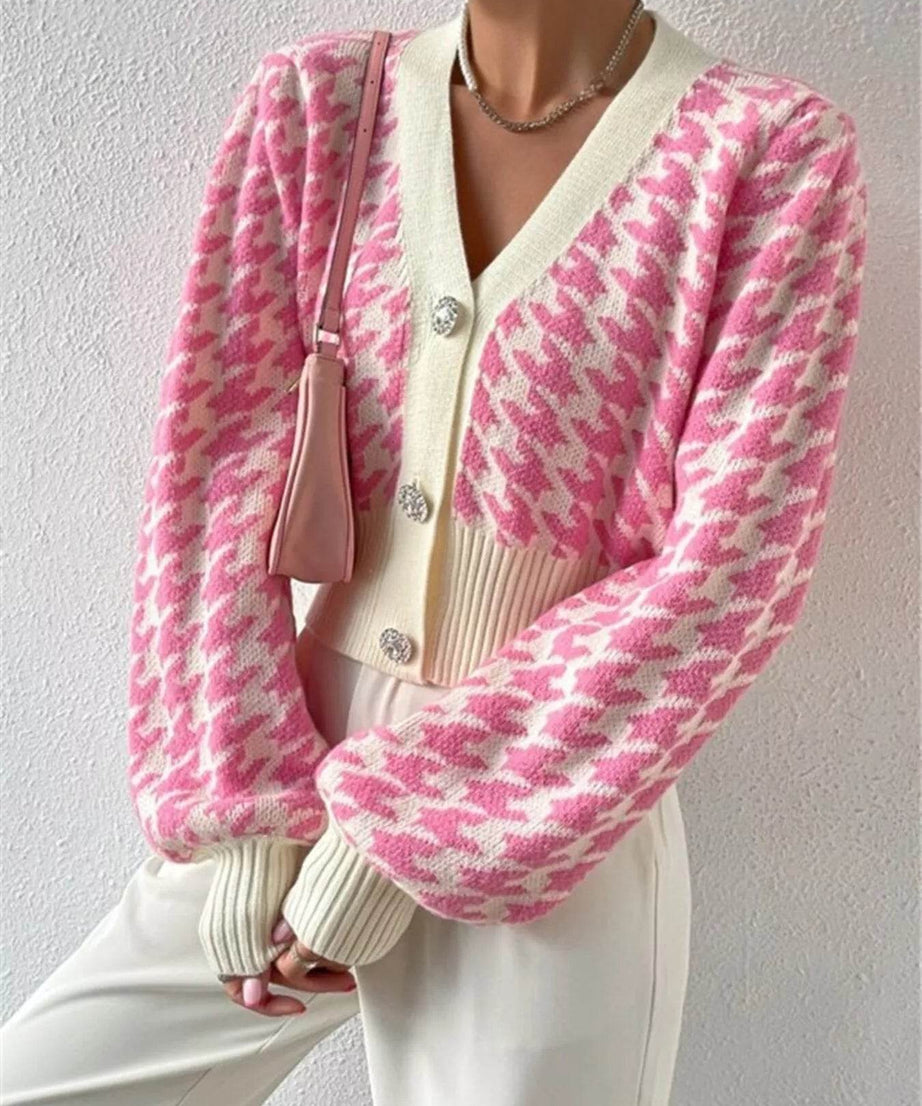 Houndstooth V-Neck Button Up Cardigan - ELY VESSA LLC