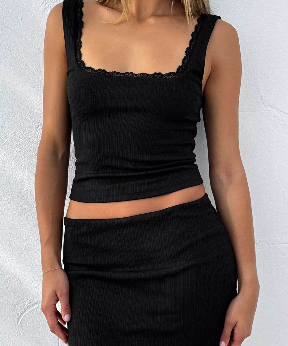 Lace Detail Square Neck Tank and Skirt Set - ELY VESSA LLC
