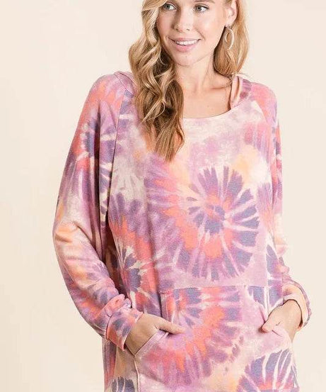 BiBi Circular Tie Dye Print Terry Hoodie with Kangaroo - ELY VESSA LLC