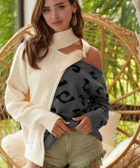 BiBi Cable-Knit Color Block One Shoulder Asymmetrical Sweater - ELY VESSA LLC