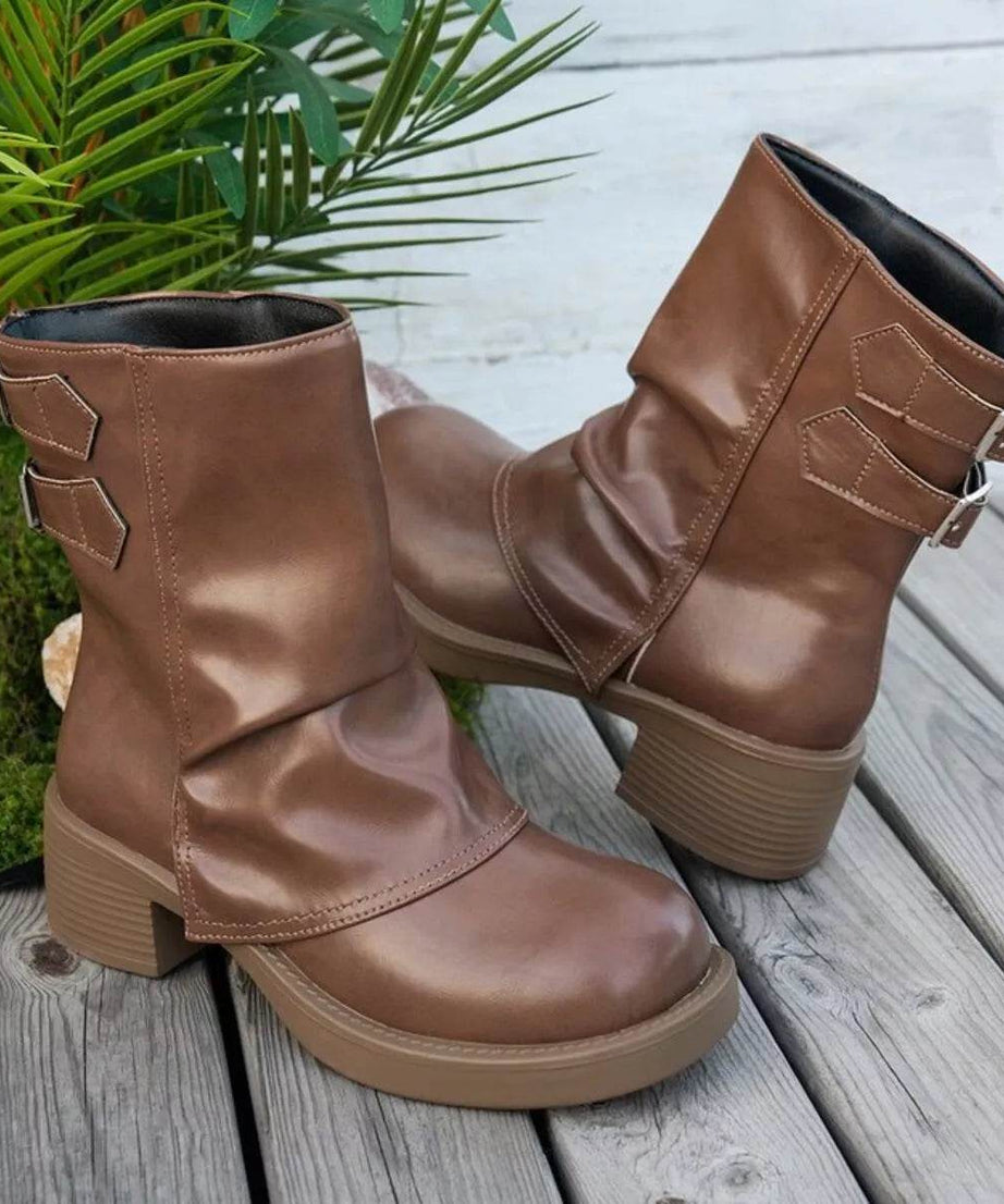 Round Toe Block Heels Boots - ELY VESSA LLC