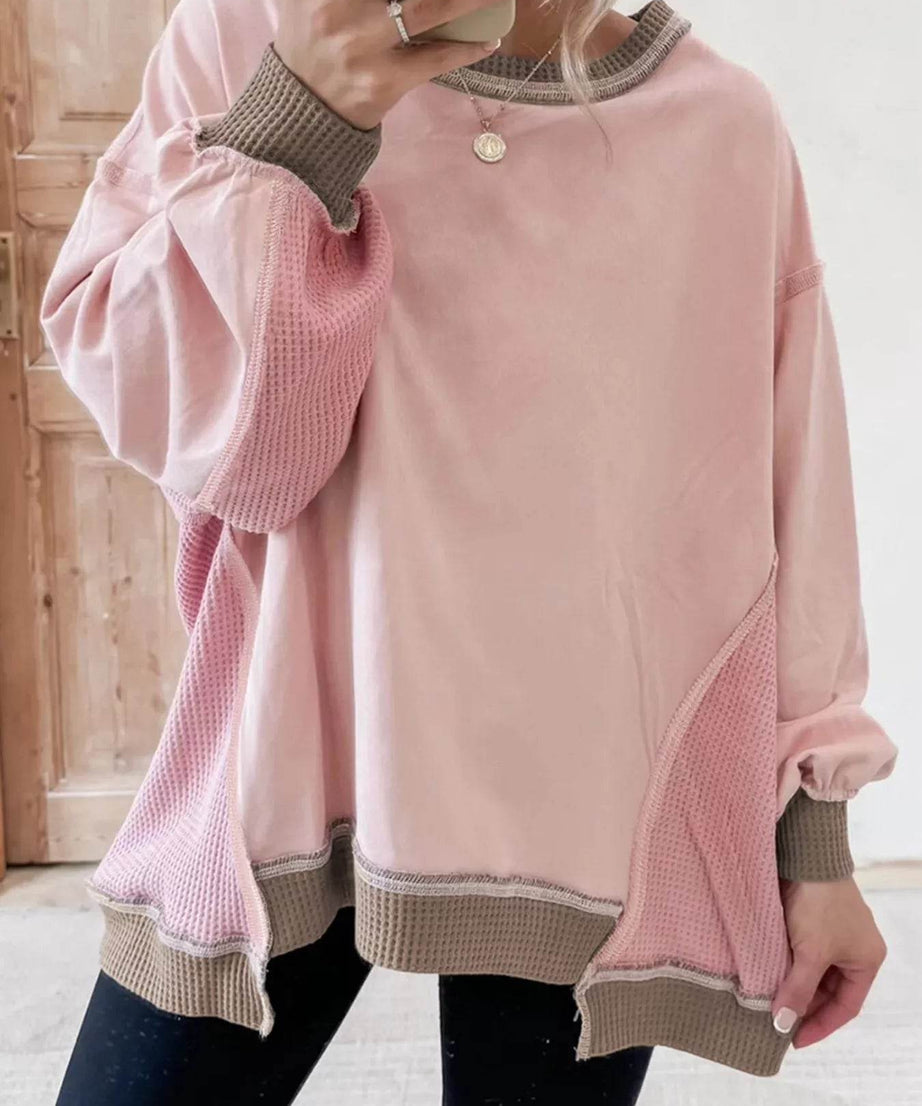 Color Block Mix Texture Waffle Patchwork Oversize Sweatshirt - ELY VESSA LLC