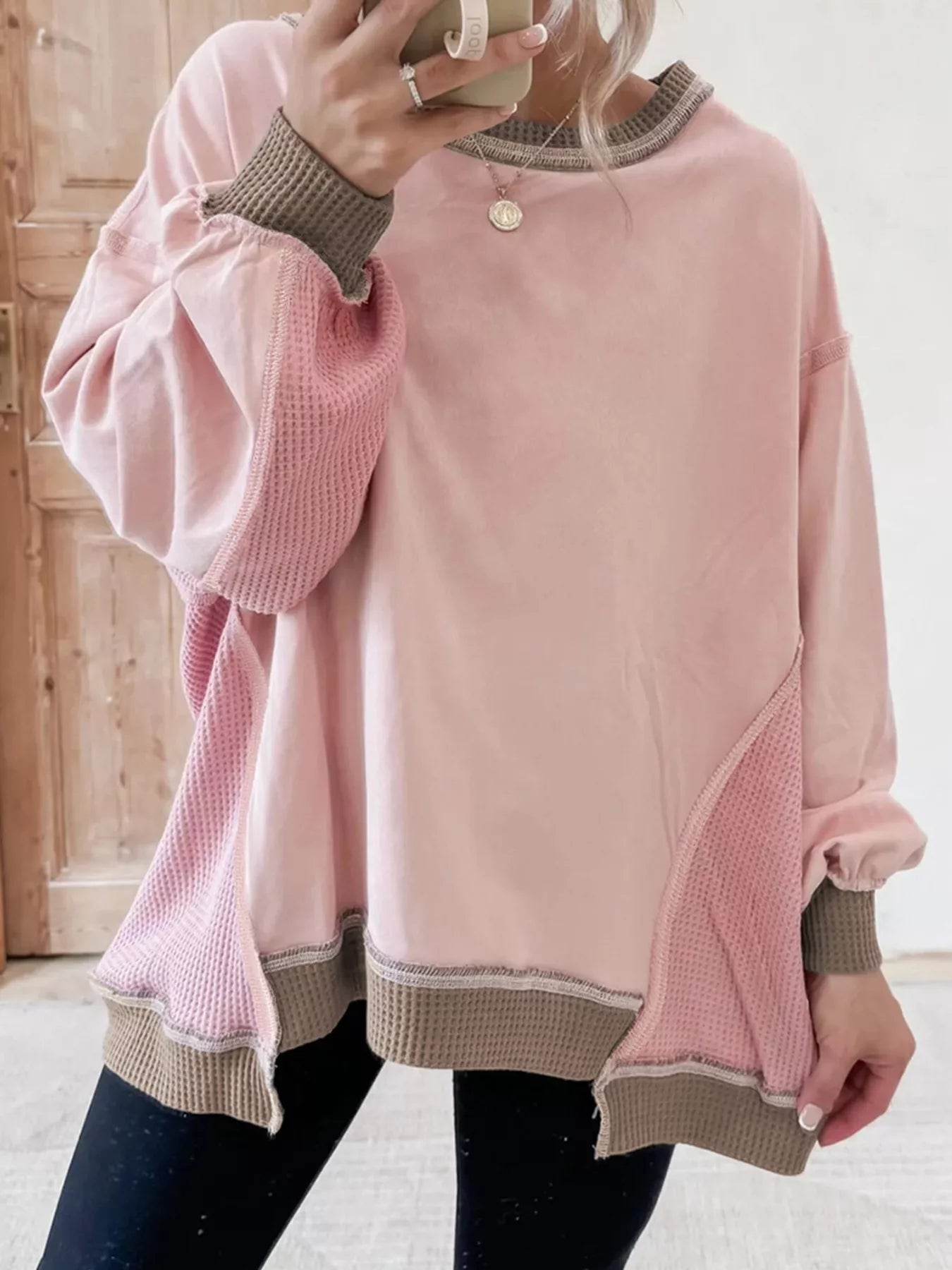 Color Block Mix Texture Waffle Patchwork Oversize Sweatshirt - ELY VESSA LLC