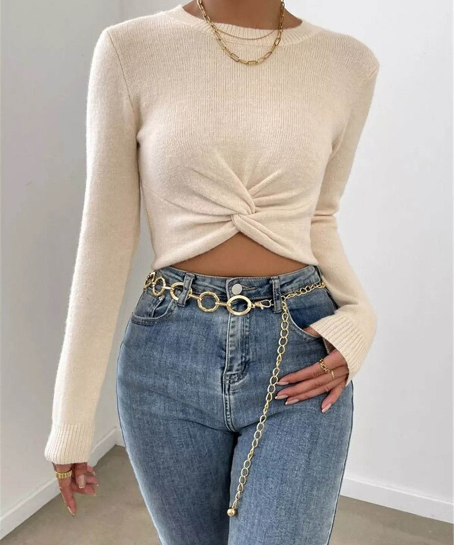 Twisted Front Cropped Knit Top - ELY VESSA LLC