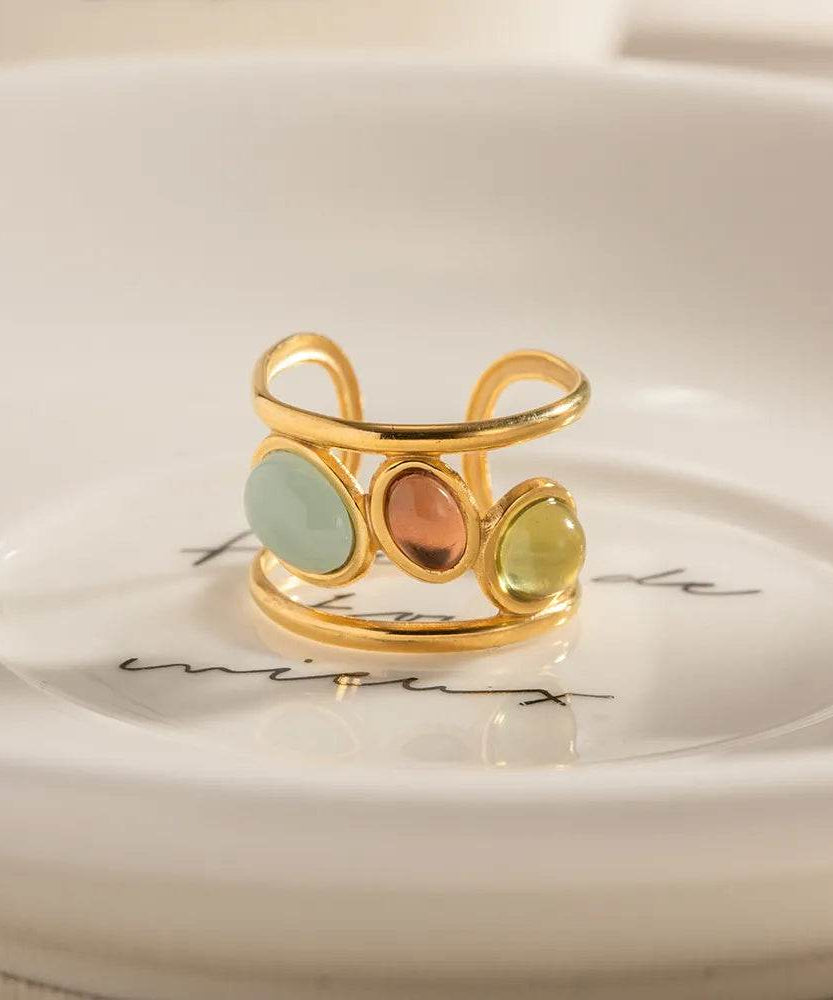 18K Gold-Plated Gemstone Open Cuff Ring - ELY VESSA LLC