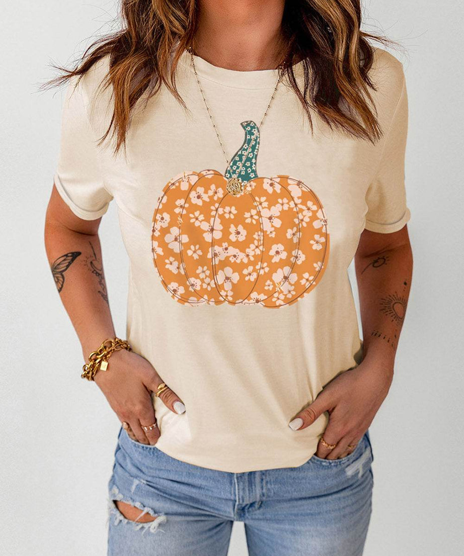Pumpkin Graphic Round Neck Cuffed T-Shirt - ELY VESSA LLC