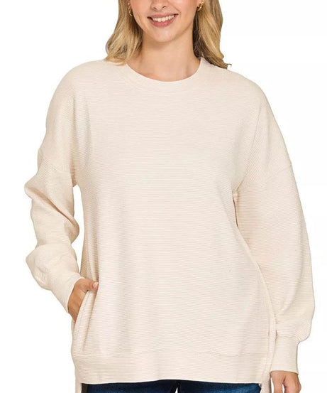 Zenana Full Size Acid Washed Double Ribbed Hi-low Sweatshirt Plus Size - ELY VESSA LLC