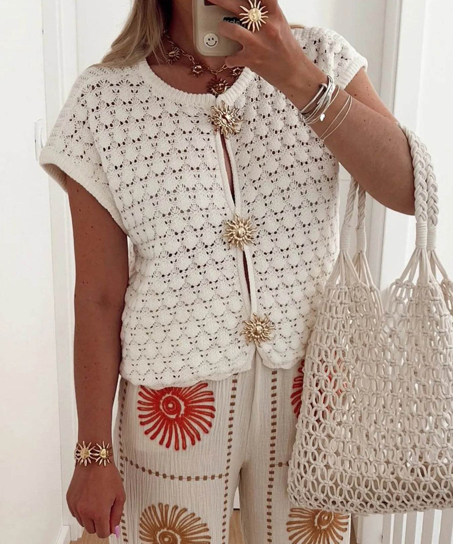 Crochet Short Sleeve Button Front Cardigan - ELY VESSA LLC