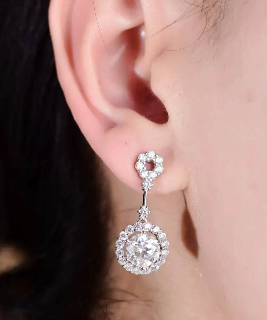 4 Carat Crystal Drop Dangle Earrings with Round Halo Design - ELY VESSA LLC