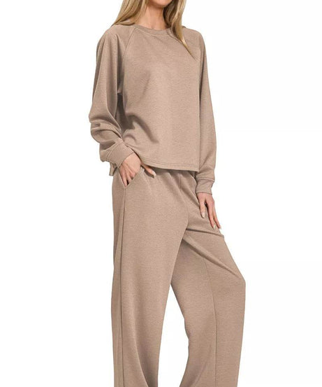Zenana Scuba Crewneck Sweatshirt and Pants Set - ELY VESSA LLC