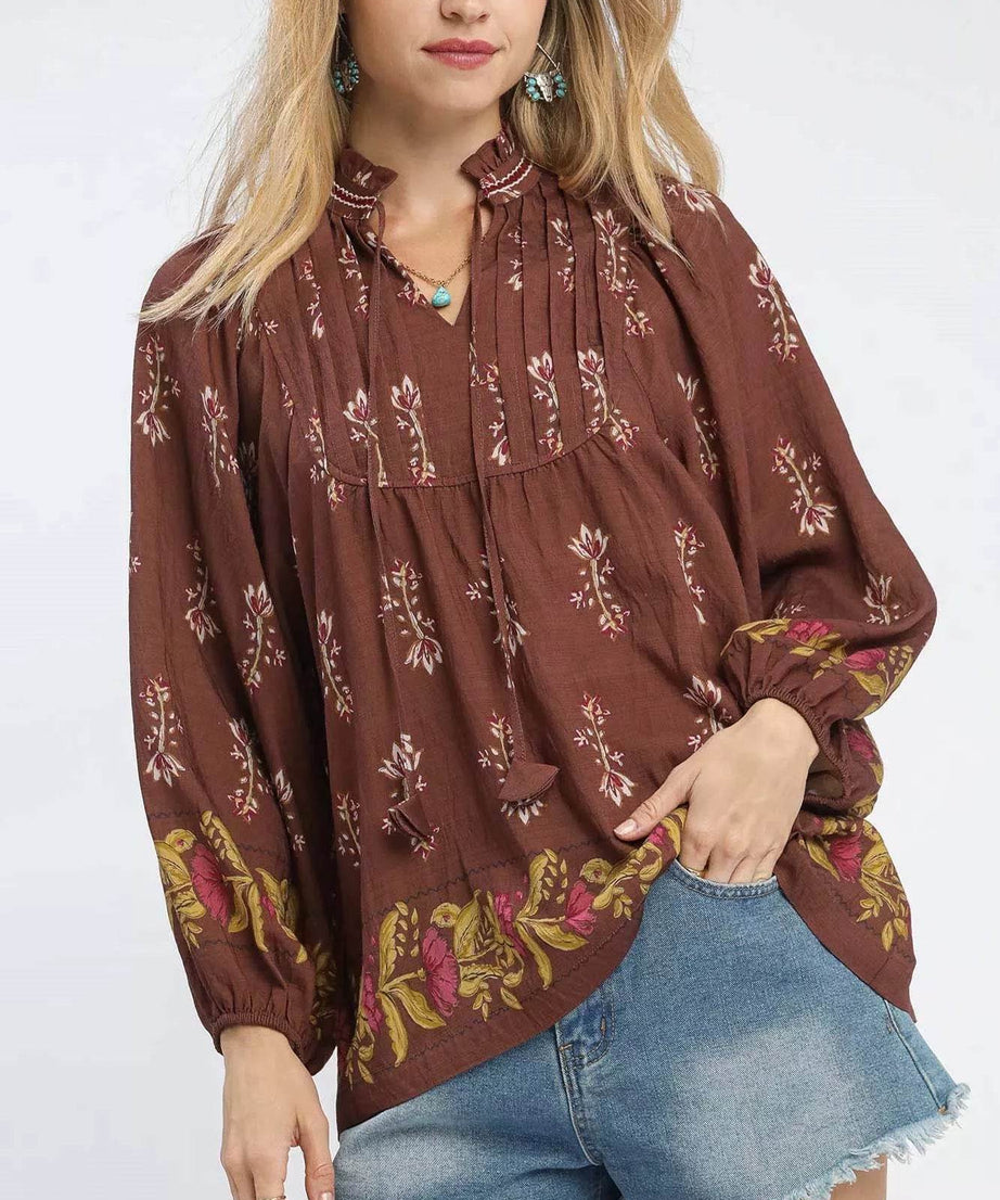 Umgee Floral Boho Peasant Blouse - ELY VESSA LLC